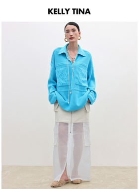 KELLY TINA 雅韵·羊毛织梦POLO领毛衣女秋冬季复古蓝色休闲上衣