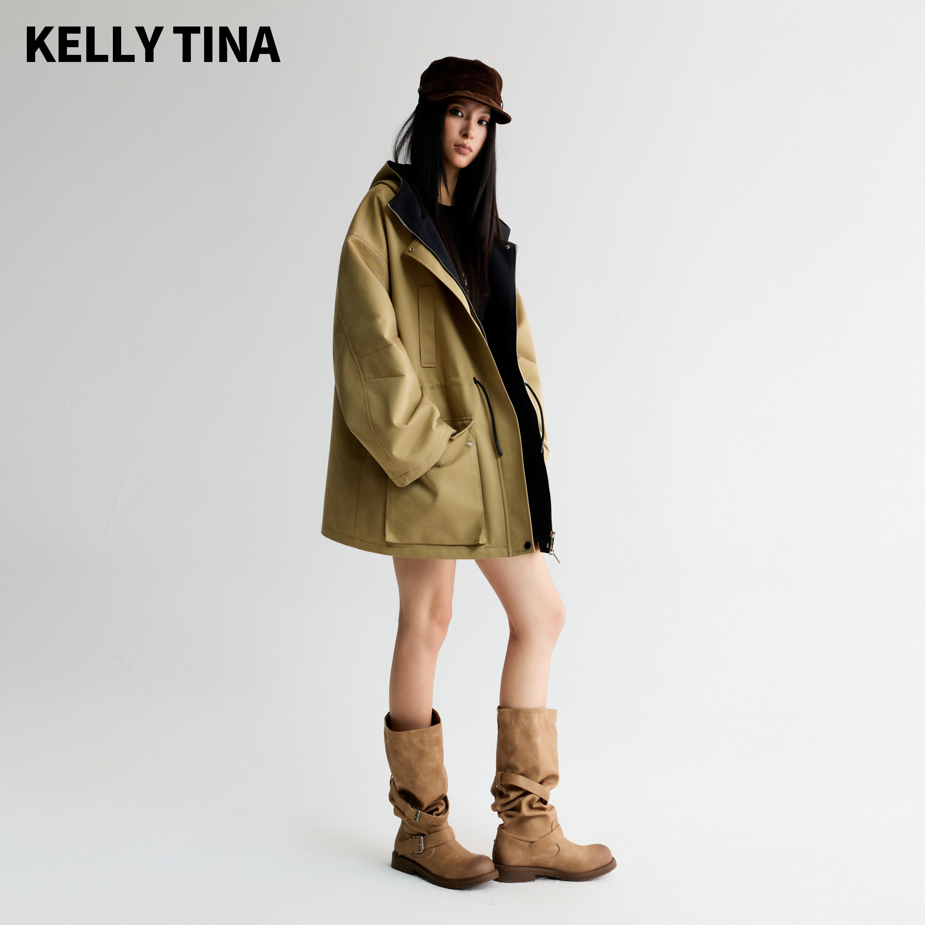 KELLY TINA 可拆环保皮草内胆2026秋冬工装风卡其派克两件套风衣