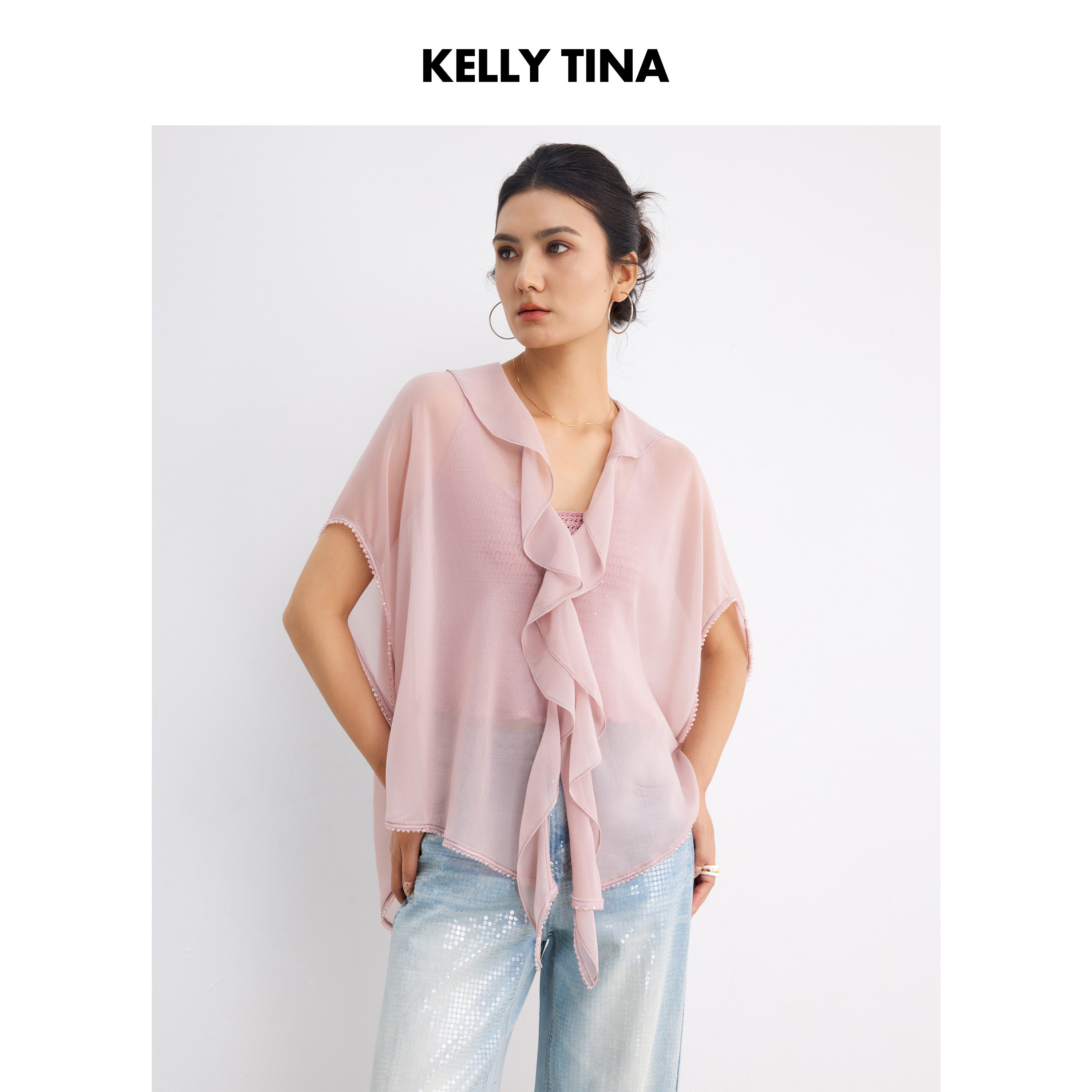 KELLY TINA荷叶边雪纺醋酸开衫女2026夏季新款衬衫防晒开衫外套