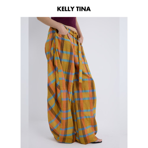 KELLY TINA 慵懒风薄款休闲长裤子格韵漫旅弯刀阔腿裤女夏季新款a