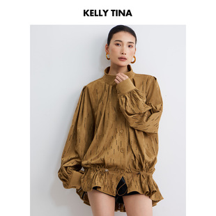 KELLY 驼色牛皮绒烧花立领短外套女通勤抽绳收腰廓形上衣女 TINA