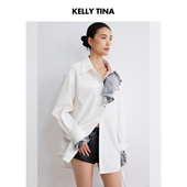 女长袖 KELLY TINA静酷风白色廓形衬衫 印花拼接气质高级感通勤上衣