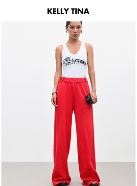 KELLY TINA 拆解美学阔腿卫裤女2025新款红色宽松抽绳休闲阔腿裤