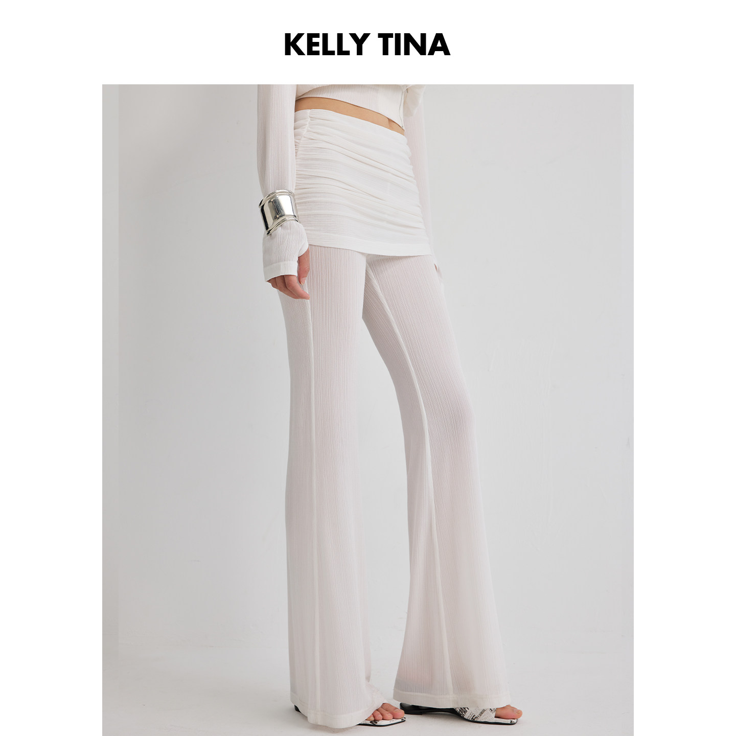 KELLY TINA 复古韵律·白调醋酸 微喇裙裤白色简约休闲裤显瘦长裤