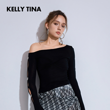 KELLY TINA 黑色镂空蝴蝶斜肩上衣2025夏新款高级感修身长袖T恤女