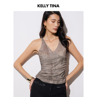 KELLY TINA慵懒高级感斑马纹吊带女性感背心女深V领收腰吊带上衣