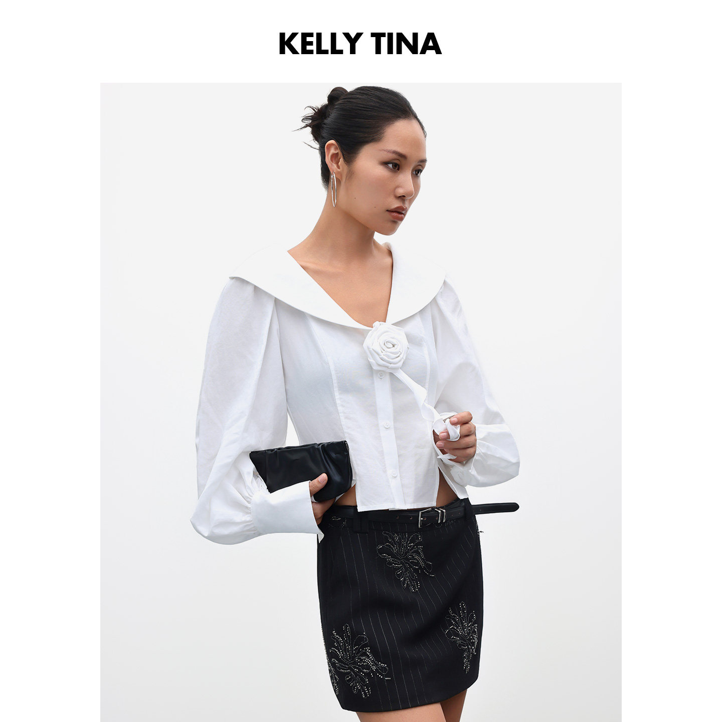 KELLY TINA 玫瑰庄园花朵上衣女白色小众高级感衬衫减龄小众衬衣