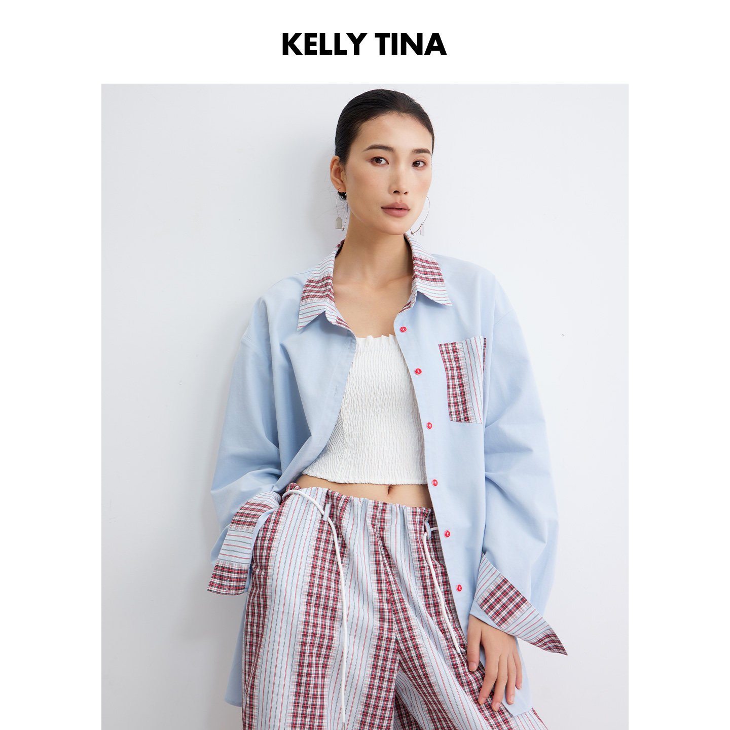 KELLY TINA简法·风吟棉麻衬衫复古廓形拼色上衣女宽松长袖外套女