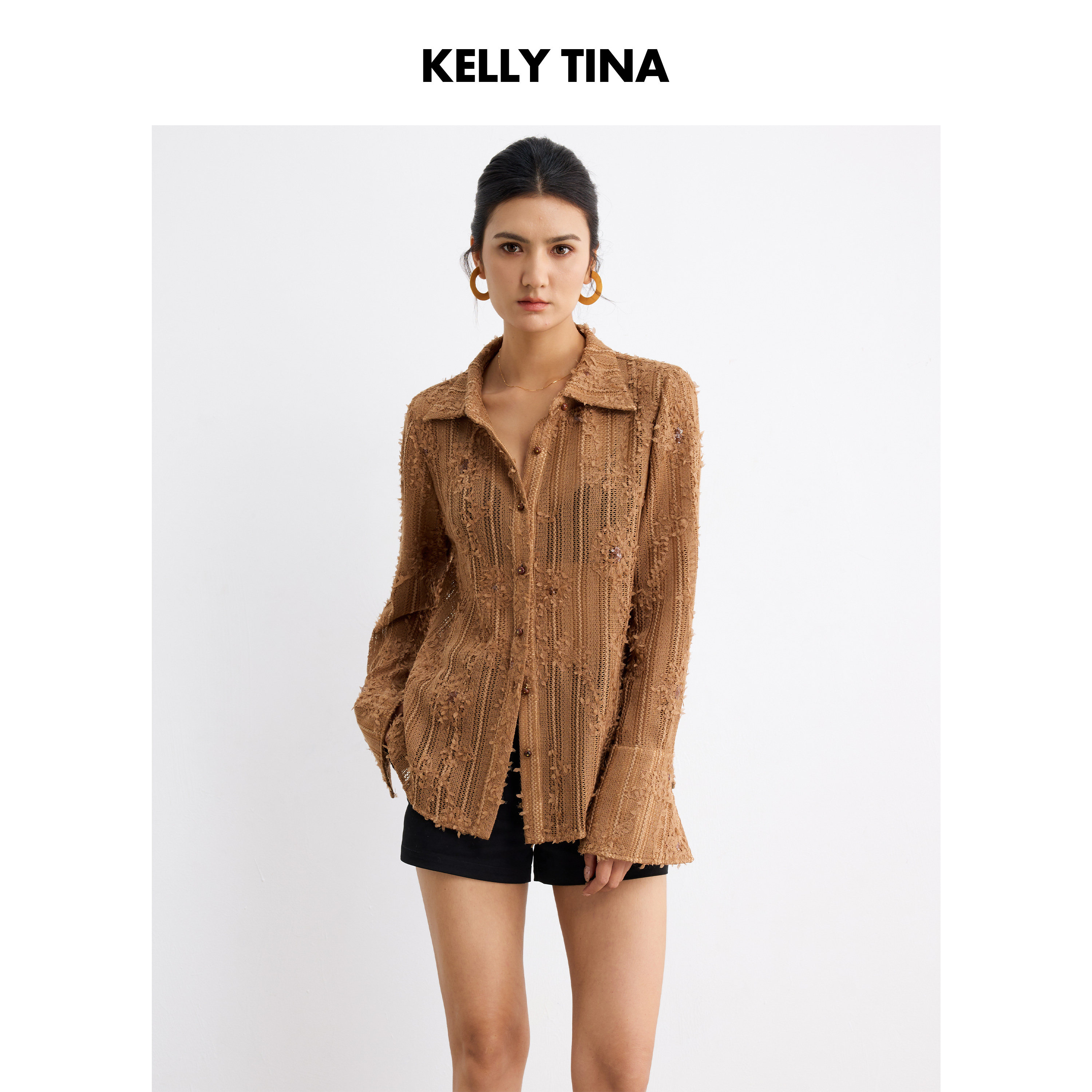 KELLY TINA立体针织蕾丝直身衬衫2026夏新款百搭款长袖翻领衬衣女