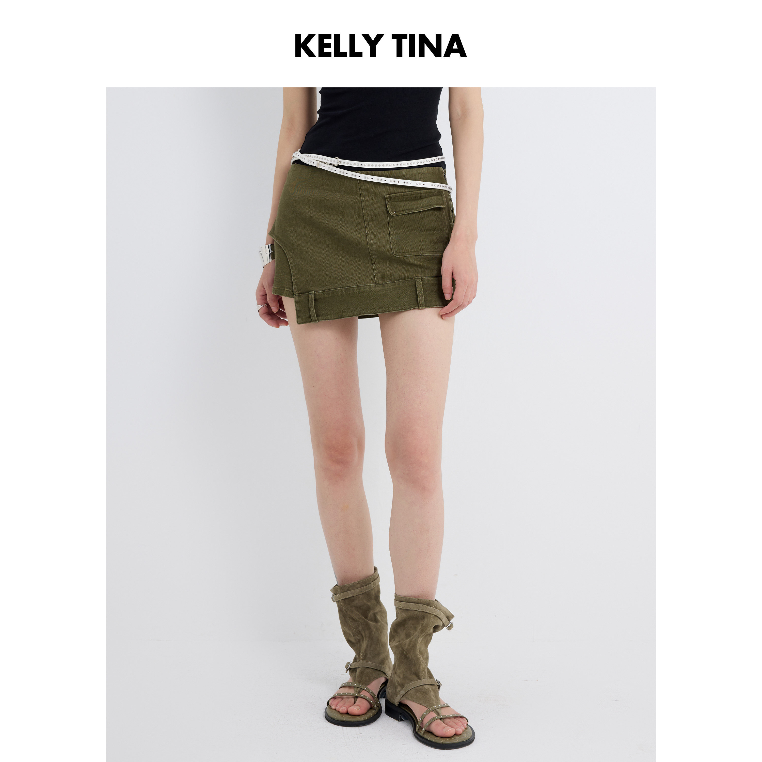 KELLY TINA 工装风酵洗军绿铆钉腰带裙裤2026春夏新款不规则半裙