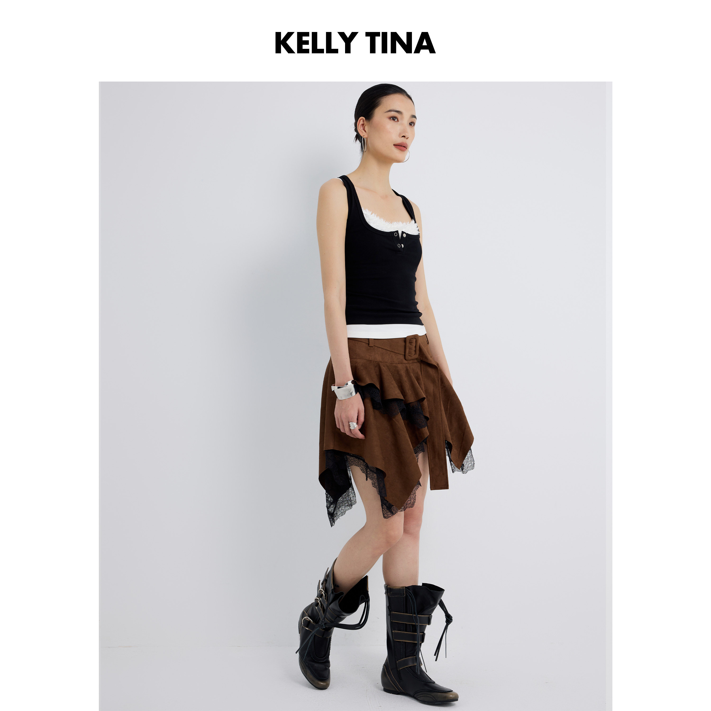 KELLY TINA 不规则蕾丝花边麂皮半裙女解构复古显瘦棕色半身裙子a