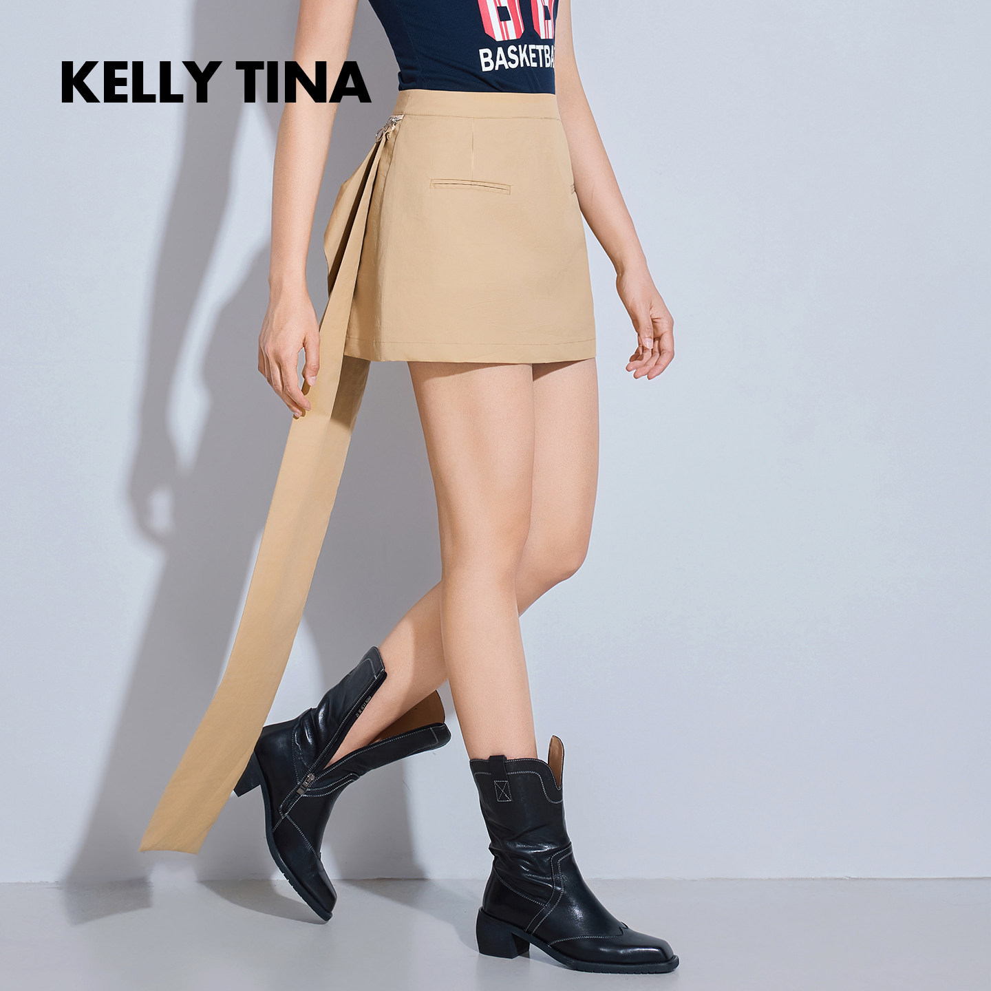 KELLY TINA  可拆卸蝴蝶结拖尾短裙女前后可穿小众A字半身裙A字裙