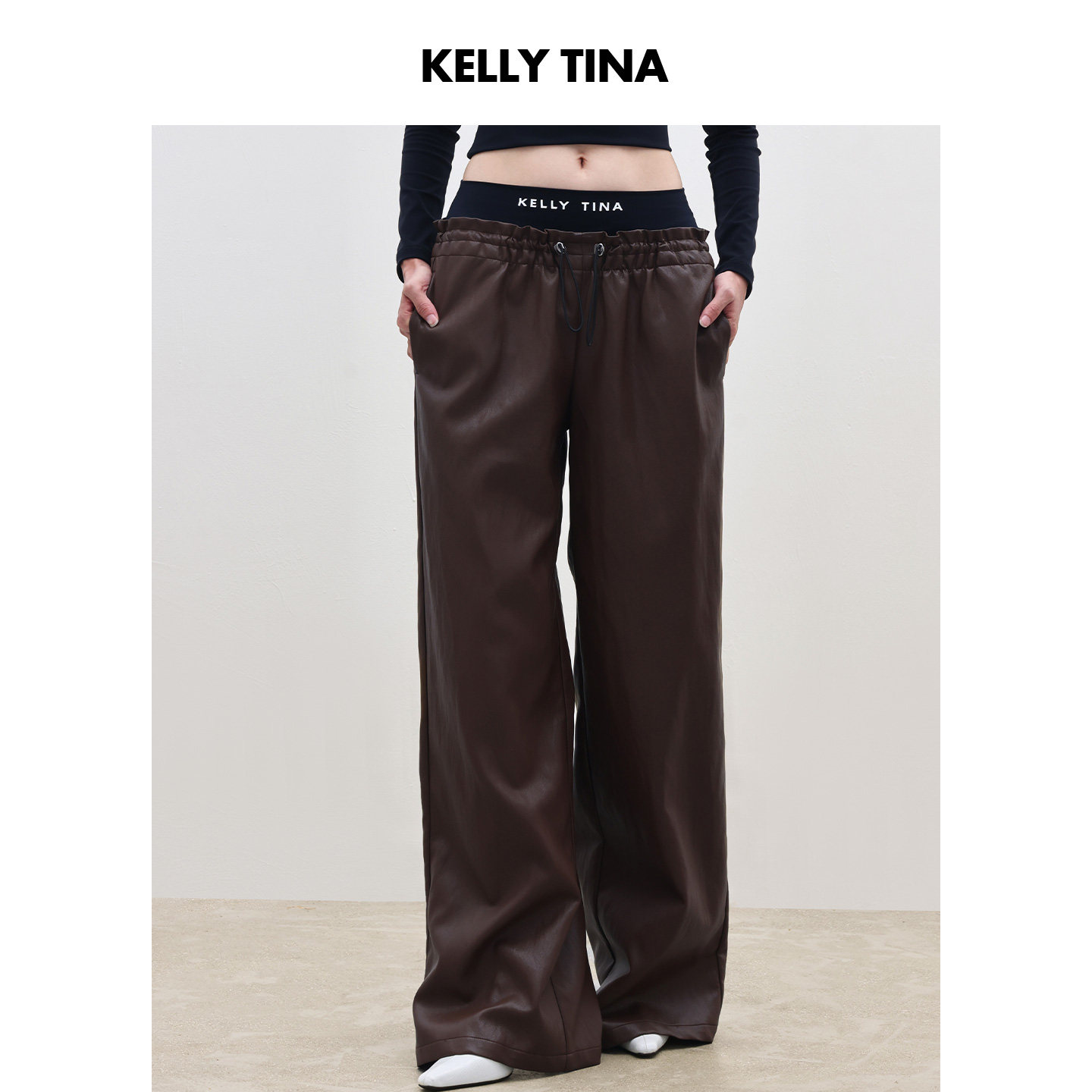 KELLY TINA环保PU双腰头荷叶边皮裤女复古休闲棕色宽松阔腿裤长裤