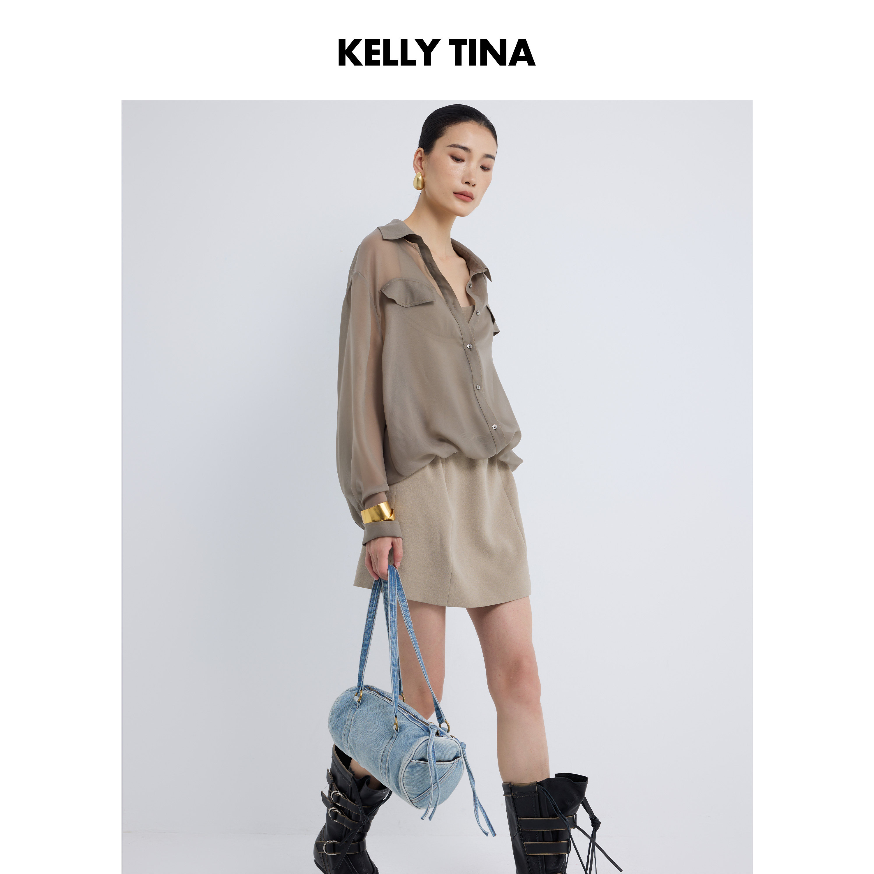 KELLY TINA 醋酸鼠尾草绿假两件衬衫裙女春夏新款防晒连衣裙女