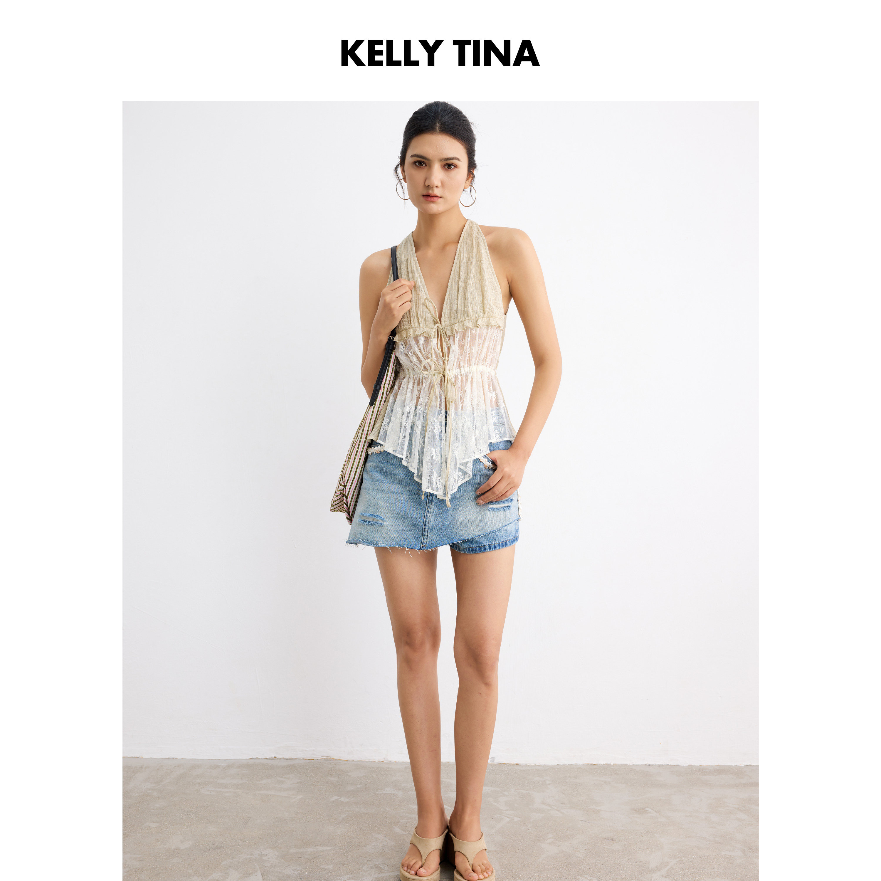 KELLYTINA复古风夏季短裤女小香风不规则裙摆洗水蓝破洞牛仔裙裤a