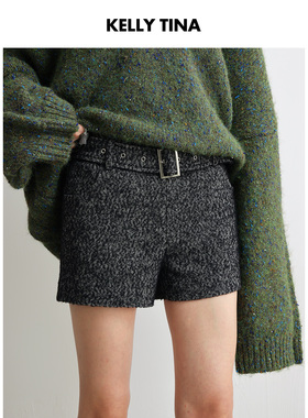 KELLY TINA星夜絮语粗花呢子短裤女2025春季新款气质黑色休闲短裤