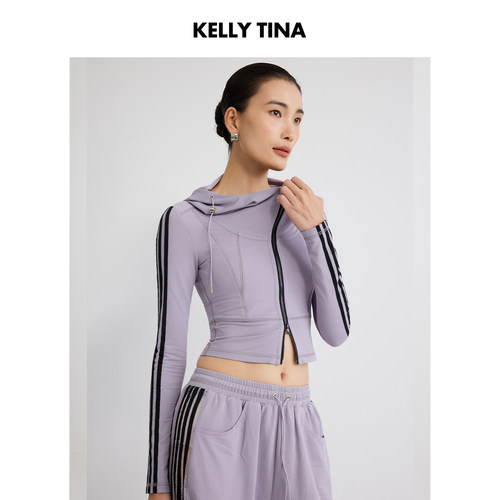 紫色连帽拉链短款运动风短外套女