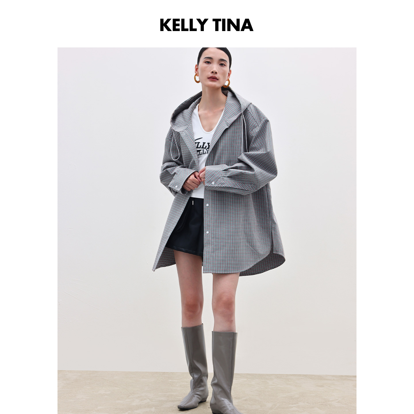KELLY TINA旷野格调复古衬衫风衣外套女2025新款细格子中长款大衣
