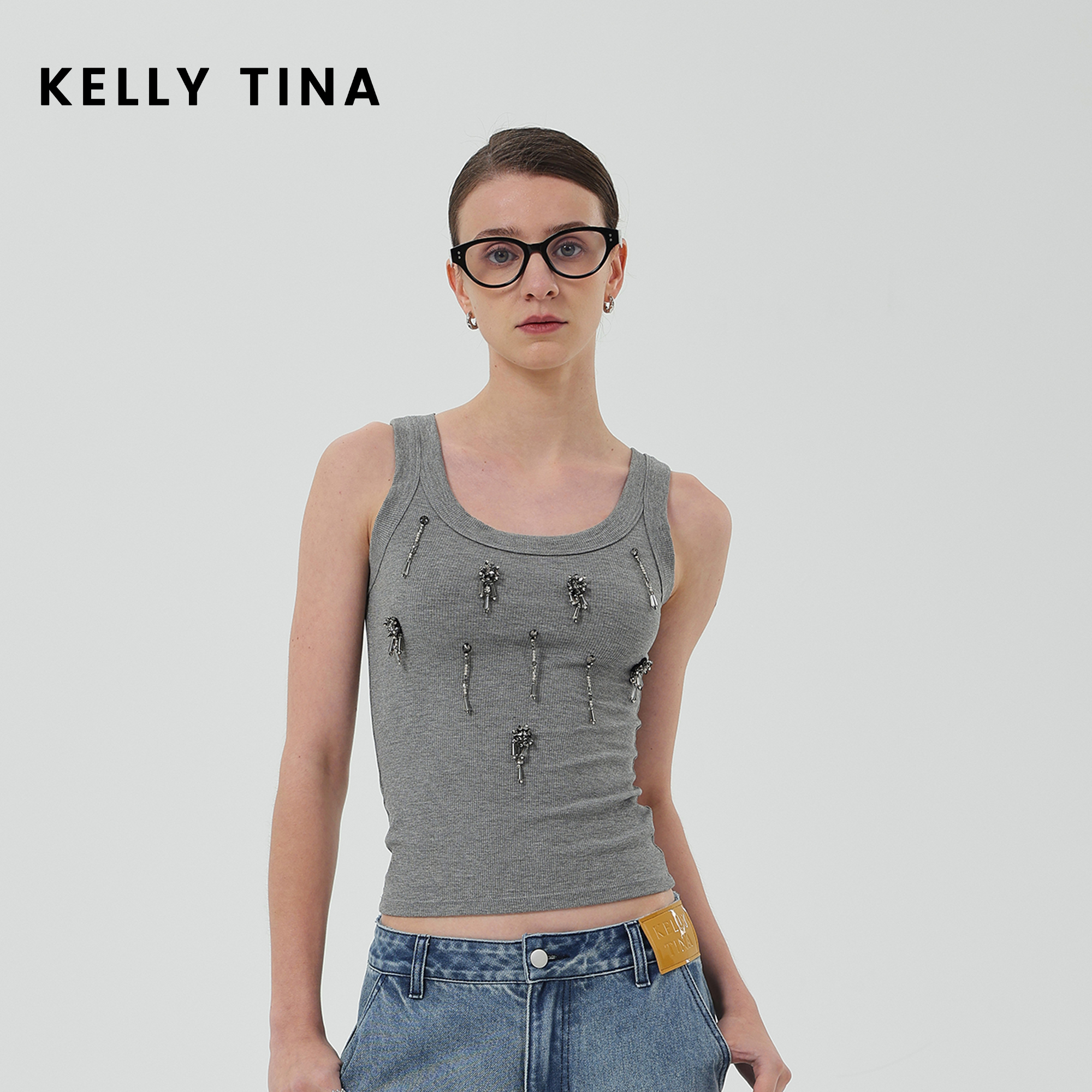 KELLY TINA夏季手工钉珠花朵针织工字背心轻奢小众高级感女装上衣