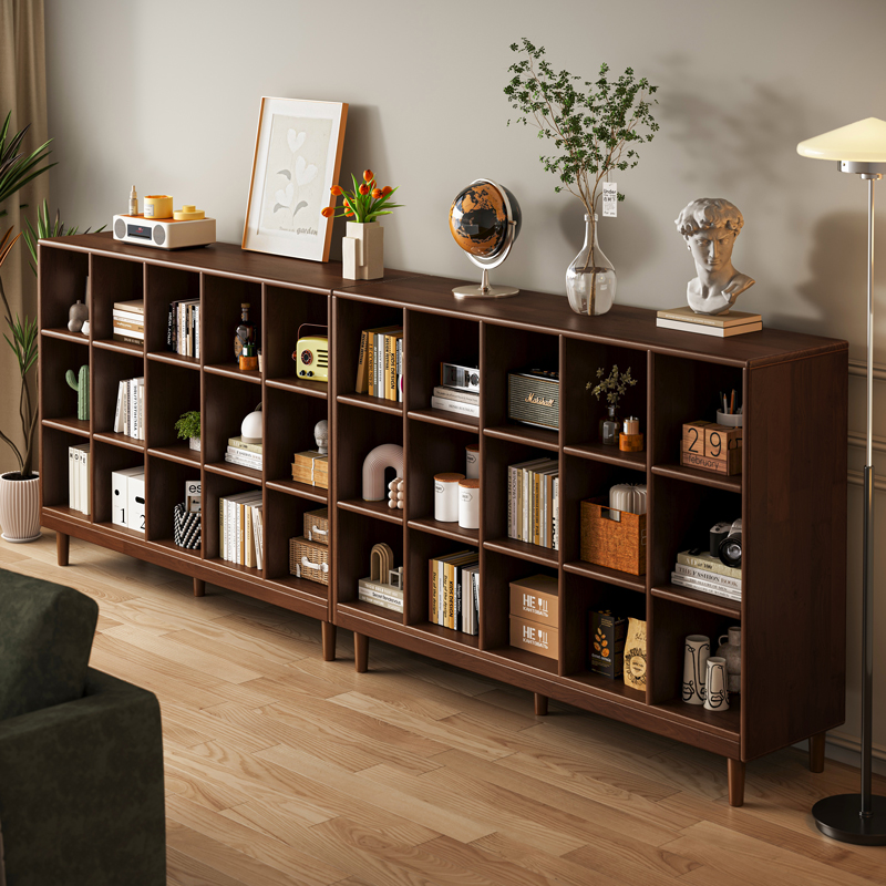 实木矮书柜胡桃木色格子柜家用客厅矮柜子储物柜靠墙落地一体书架