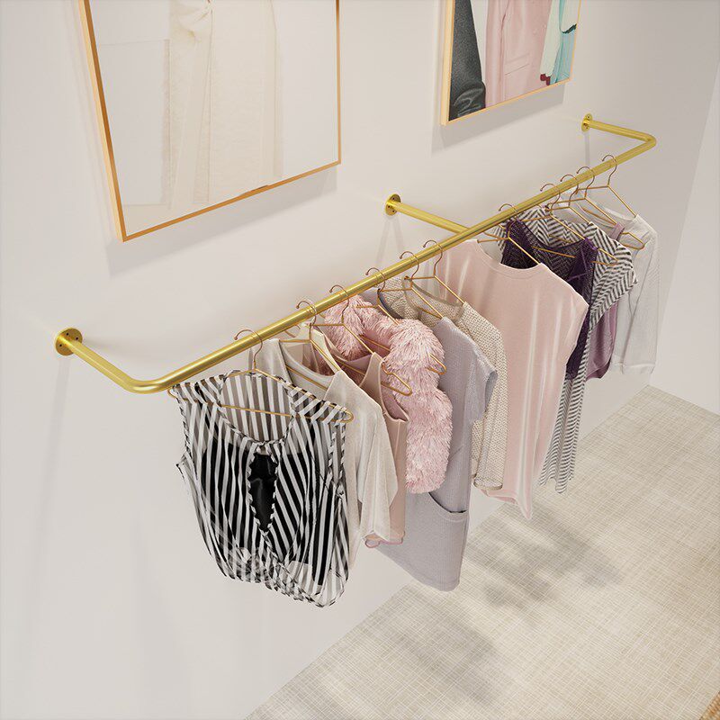 服装店展示架铁艺金色挂衣杆上墙服装展示架