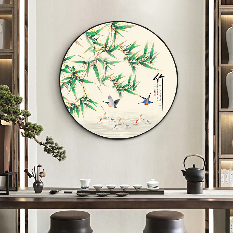 圆形荷花玄关装饰画餐厅客厅背景墙中式挂画走廊过道饭厅酒店壁画图片