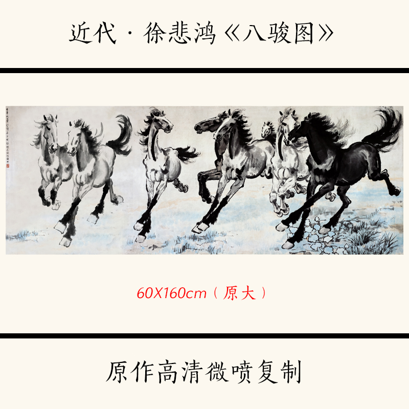 1:1徐悲鸿《八骏图》国画马动物写意画宣纸高清微喷复制装饰画