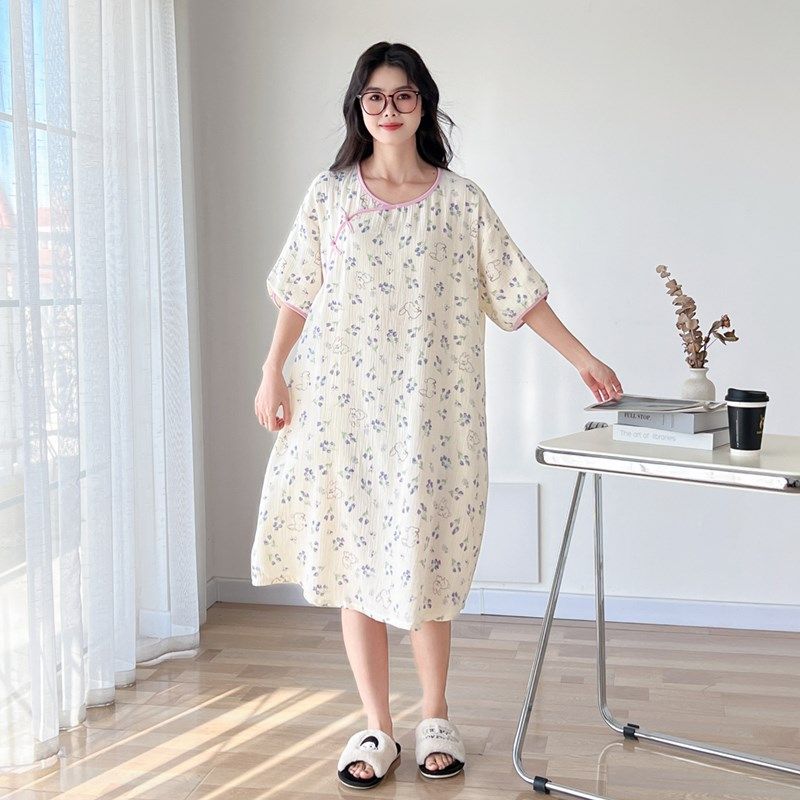 新中式盘扣双层棉纱大码睡裙女夏季短袖薄款胖mm200斤孕妇家居服,女士内衣/男士内衣/家居服,睡裙,淘宝优惠券,粉丝福利购,淘宝优惠卷