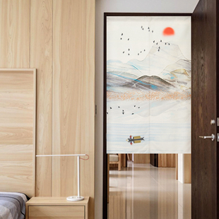 山水布艺门帘家用卧室隔断帘厨房挡风布帘子卫生间遮挡半帘免打孔