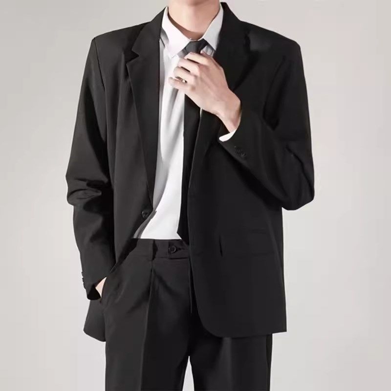 正装一套装休闲西装外套男春秋高级感商务百搭黑色西服上衣有垫肩
