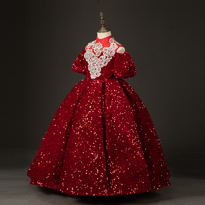 儿童礼服公主裙女童高端红色亮片年会主持晚礼服小女孩舞台演出服