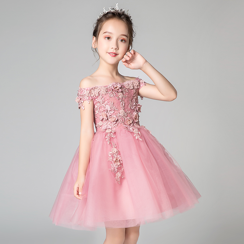 一字肩儿童晚礼服公主裙女童生日走秀小女孩花童钢琴演出服高贵夏