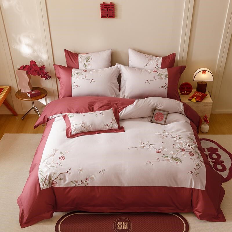 新中式轻奢刺绣花结婚庆全棉四件套100S红陪嫁床上喜被套床单