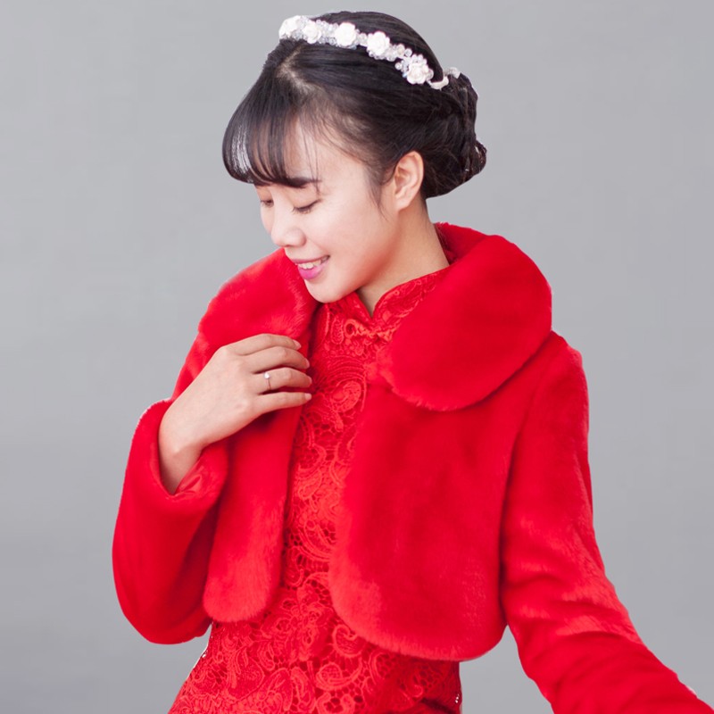 新娘婚纱毛披肩长袖外套结婚伴娘礼服披肩皮草保暖加厚白色秋冬款