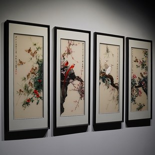 书房卧室客厅新刺绣装饰画手工苏绣颜柏龍鸟四条屏高端挂画