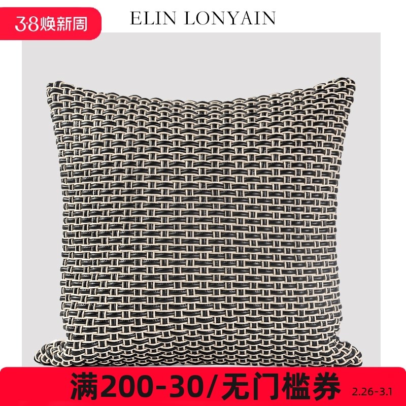 现代黑白色皮质手工编织靠垫抱枕样板房沙发方枕