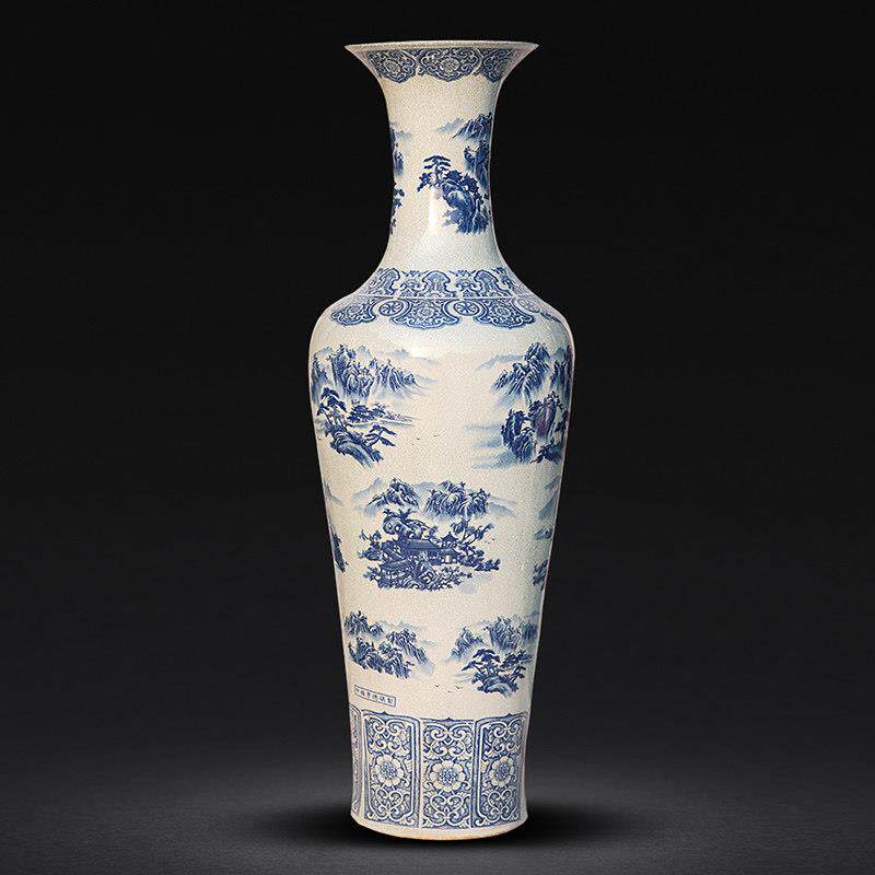 景德镇陶瓷器落地大号花瓶彷古青花瓷山水开片裂纹釉客厅摆件装饰