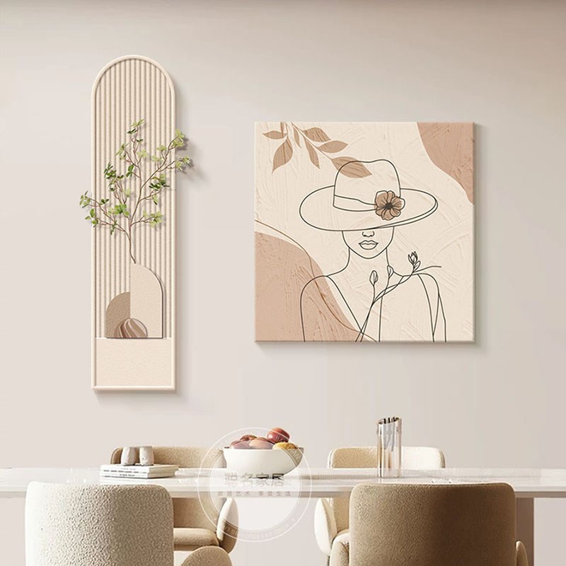 奶油风餐厅装饰画简约人物立体砂岩组合壁画2024新款卧室床头挂画图片