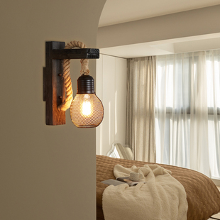 乡村复古实木壁灯饭馆民宿走廊过道农家乐工业风麻绳墙壁灯具