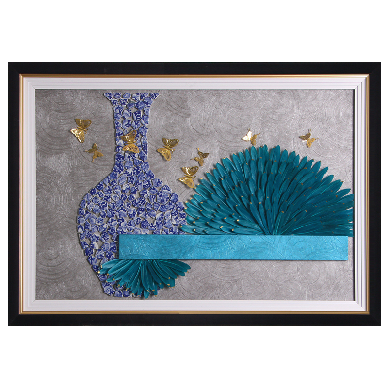 现代轻奢餐厅装饰画饭厅单幅横版花瓶挂画创意手工立体羽毛实物画