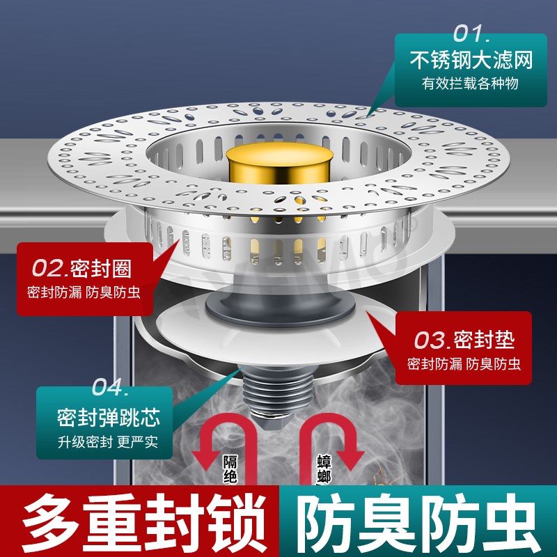 厨房水槽不锈钢过滤网洗菜盆弹跳芯洗碗池防臭神器漏水塞下水配件