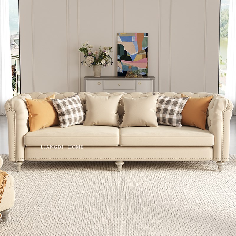 美式轻奢现代简约多人沙发组合实木绒布拉扣海绵软包客厅卧室沙发