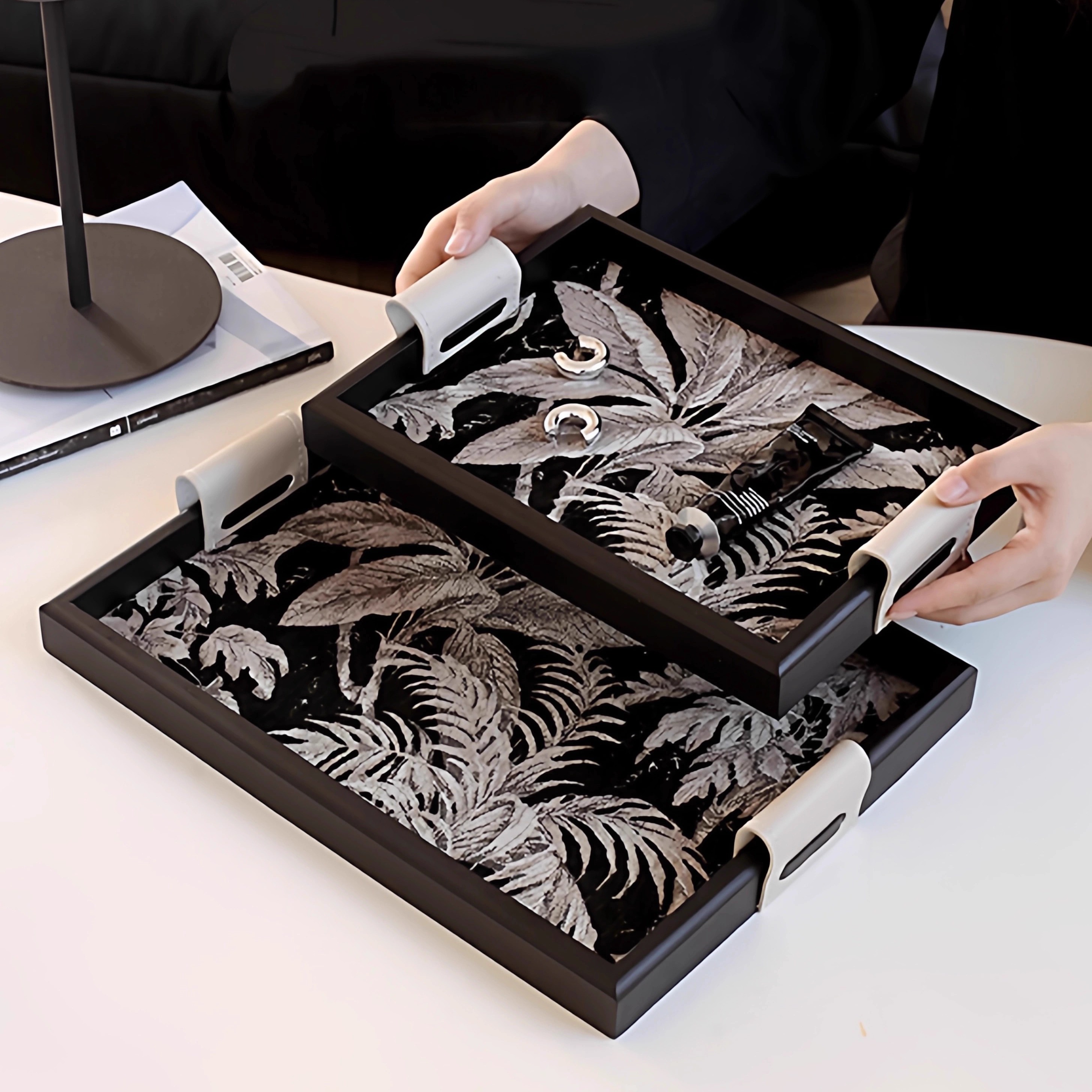 高级感布艺香薰托盘钥匙收纳盒