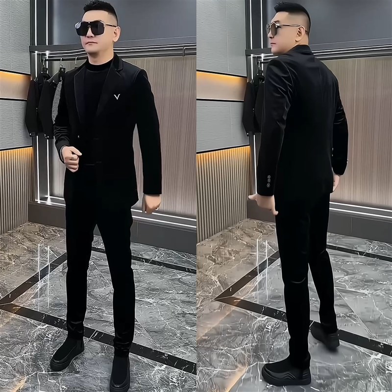 20181秋季新品金丝绒男士翻领外套上衣夹克重工艺百搭休闲西服潮