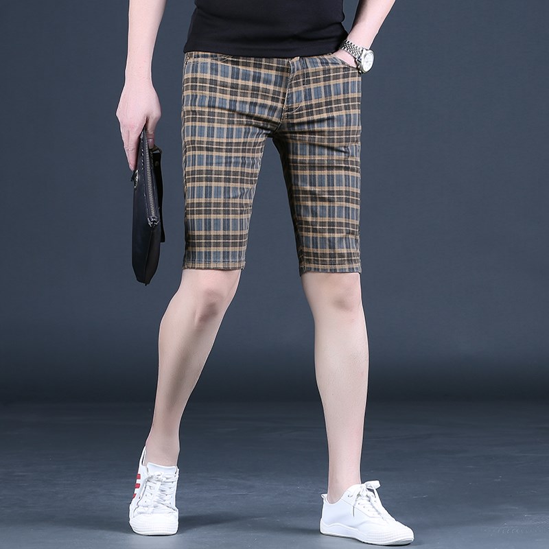 夏季男装短裤男士格子休闲五分裤潮流弹力修身中裤时尚5分马裤薄