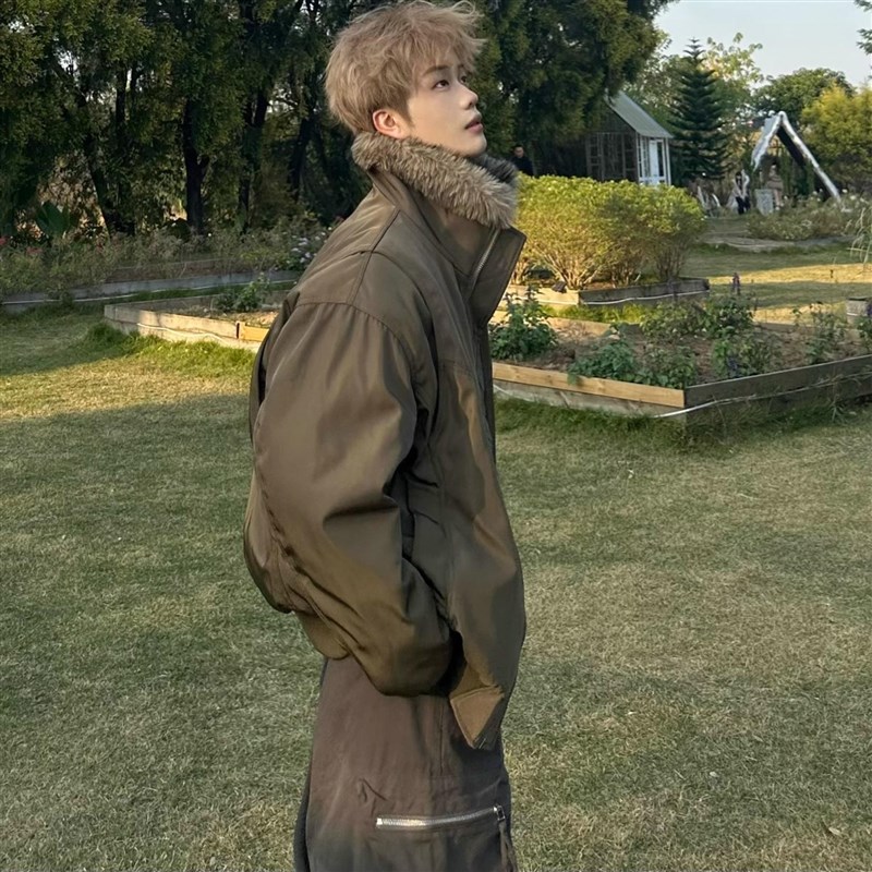 美式复古座山雕毛领结构棉服男女冬季加厚宽松百搭飞行夹克外套潮