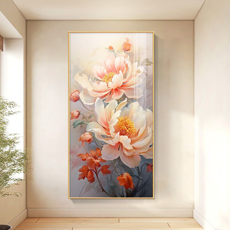 富贵玄关饰画牡丹客厅入户走廊过道挂画现代端晶瓷壁画
