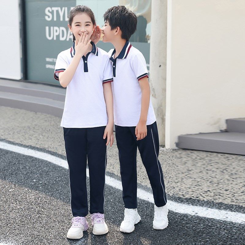 新品夏季红色儿童校服套装初高中班服小学生棉短袖T恤长裤两件套