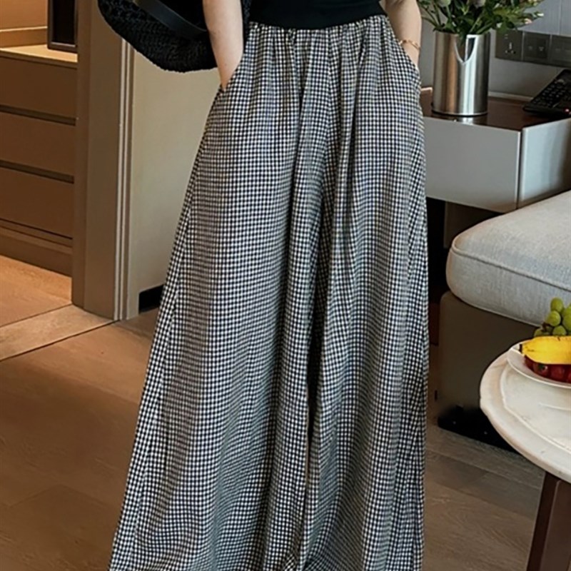 法式复古格子休闲阔腿裤裙女春夏休闲裤