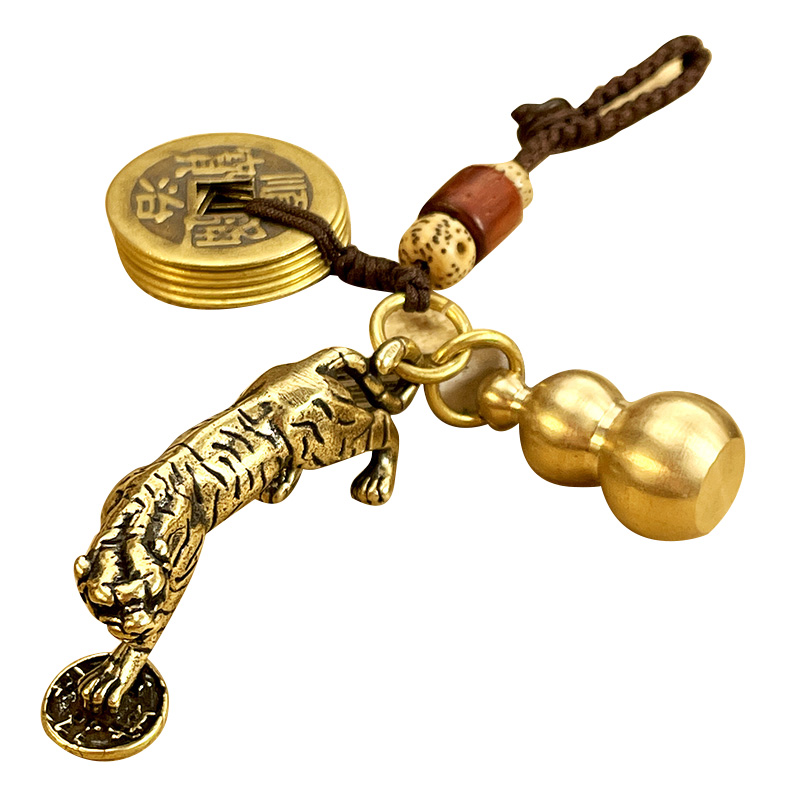 黄铜招财老虎钥匙扣汽车链挂件男女高档平安五帝钱个性生肖小饰品